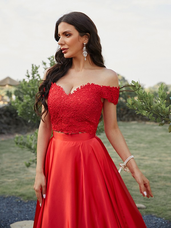 A-Line/Princess Silk like Satin Applique Off-the-Shoulder Sleeveless Sweep/Brush Train Two Piece Dresses 4438