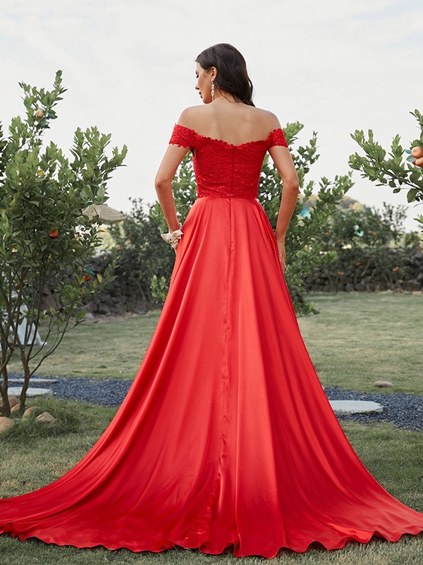 A-Line/Princess Silk like Satin Applique Off-the-Shoulder Sleeveless Sweep/Brush Train Two Piece Dresses 4438