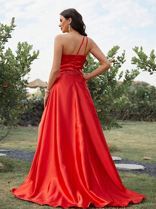 A-Line/Princess Elastic Woven Satin Ruffles One-Shoulder Sleeveless Sweep/Brush Train Dresses 3524