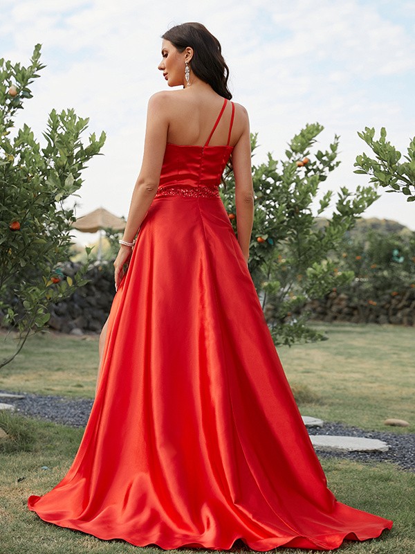 A-Line/Princess Elastic Woven Satin Ruffles One-Shoulder Sleeveless Sweep/Brush Train Dresses 3524