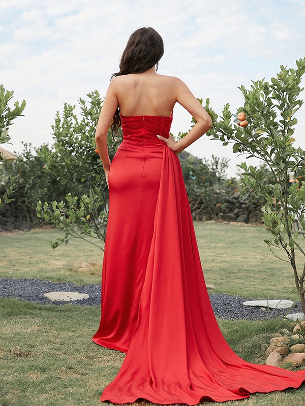 Sheath/Column Silk like Satin Ruched Strapless Sleeveless Sweep/Brush Train Dresses 6545