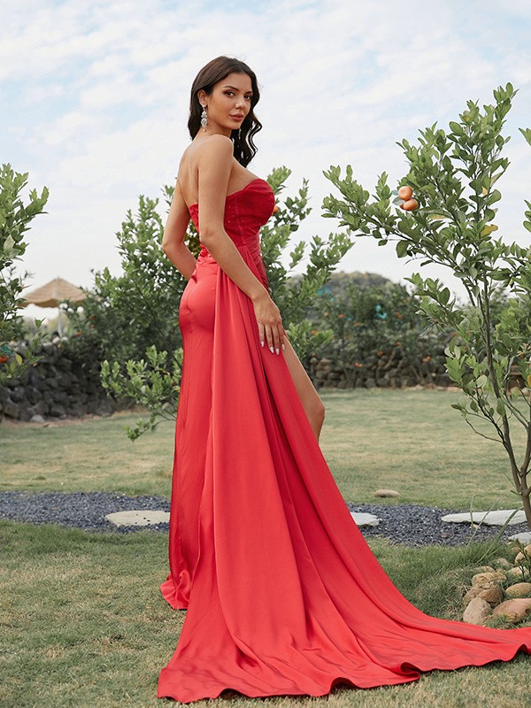 Sheath/Column Silk like Satin Ruched Strapless Sleeveless Sweep/Brush Train Dresses 6545