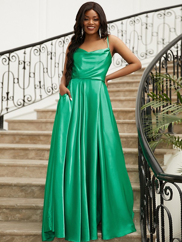 A-Line/Princess Silk like Satin Ruffles Spaghetti Straps Sleeveless Sweep/Brush Train Dresses 4459