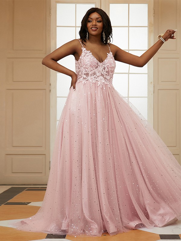 A-Line/Princess Tulle Applique V-neck Sleeveless Sweep/Brush Train Dresses 5252