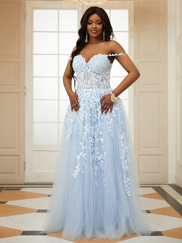 A-Line/Princess Tulle Applique Off-the-Shoulder Sleeveless Floor-Length Dresses 5152