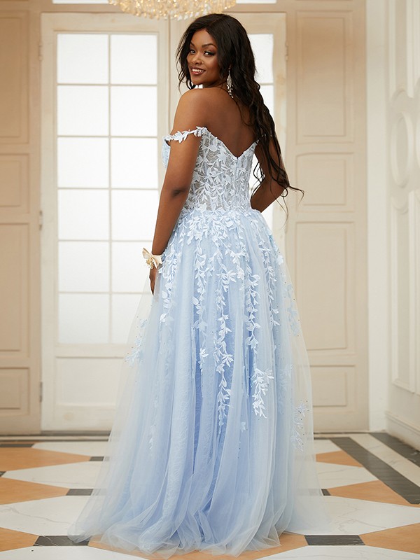 A-Line/Princess Tulle Applique Off-the-Shoulder Sleeveless Floor-Length Dresses 5152