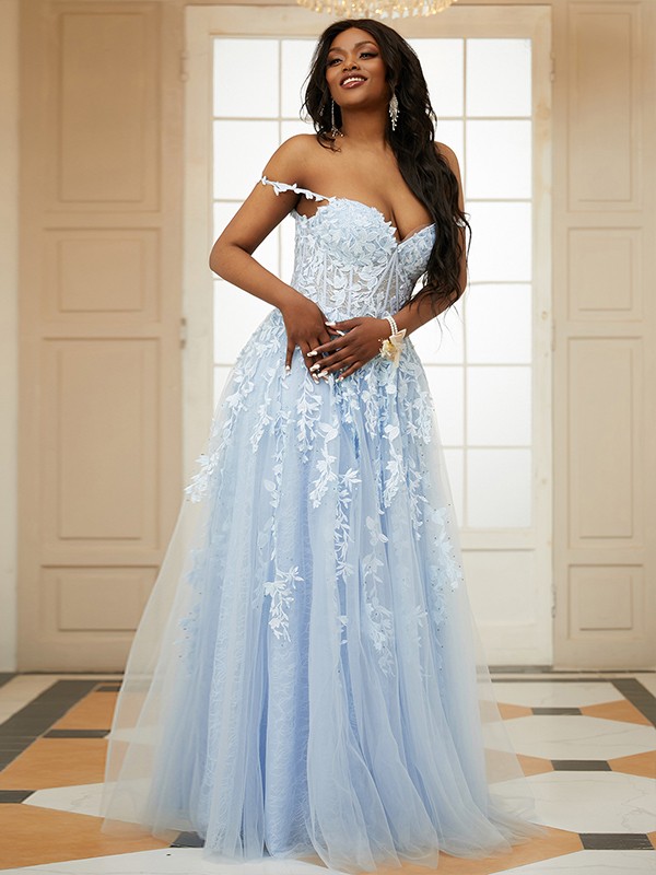 A-Line/Princess Tulle Applique Off-the-Shoulder Sleeveless Floor-Length Dresses 5152