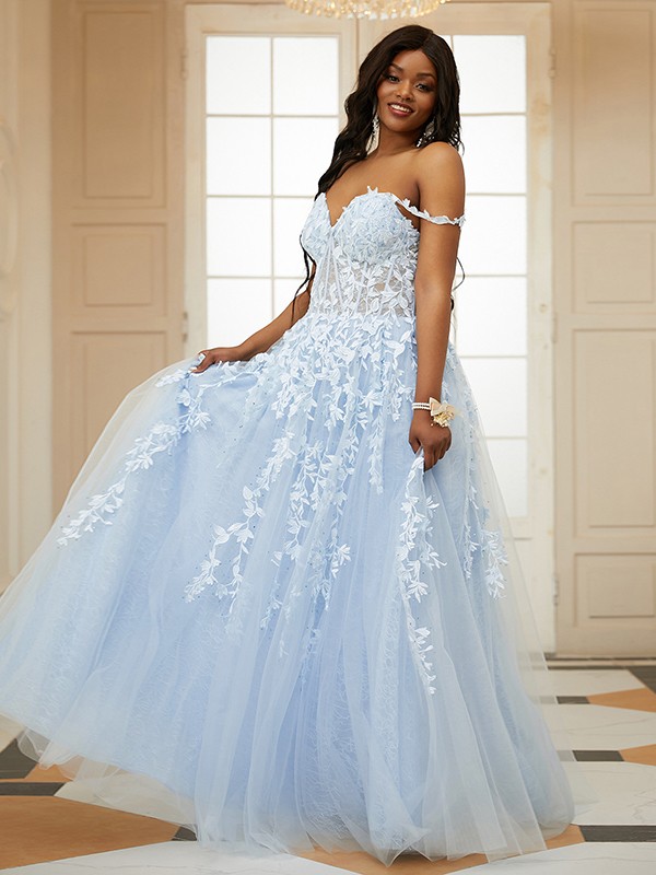 A-Line/Princess Tulle Applique Off-the-Shoulder Sleeveless Floor-Length Dresses 5152