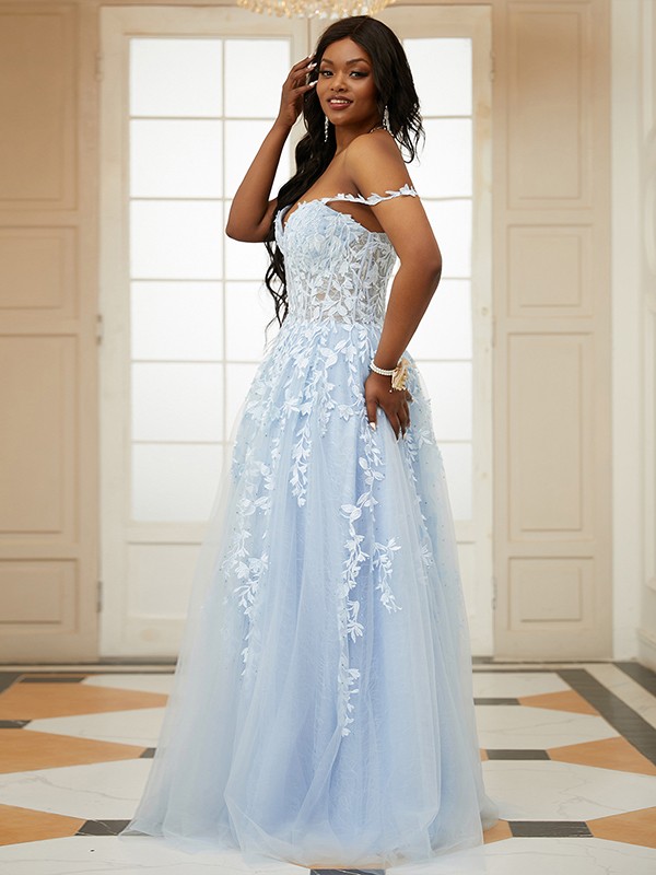 A-Line/Princess Tulle Applique Off-the-Shoulder Sleeveless Floor-Length Dresses 5152