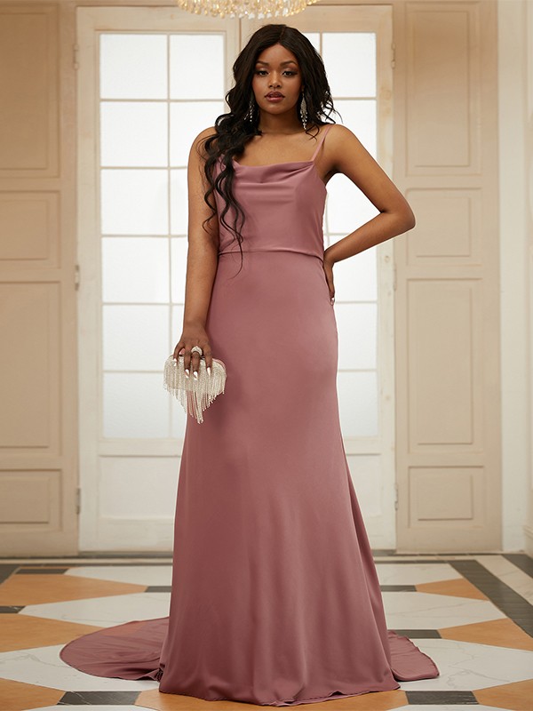 Sheath/Column NS Elastic Woven Satin Ruched Spaghetti Straps Sleeveless Sweep/Brush Train Dresses 6310