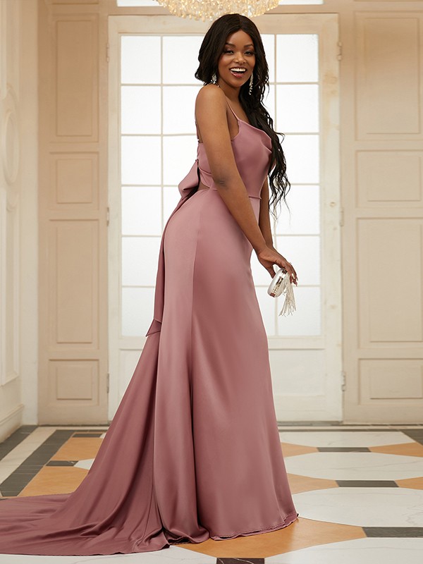 Sheath/Column NS Elastic Woven Satin Ruched Spaghetti Straps Sleeveless Sweep/Brush Train Dresses 6310