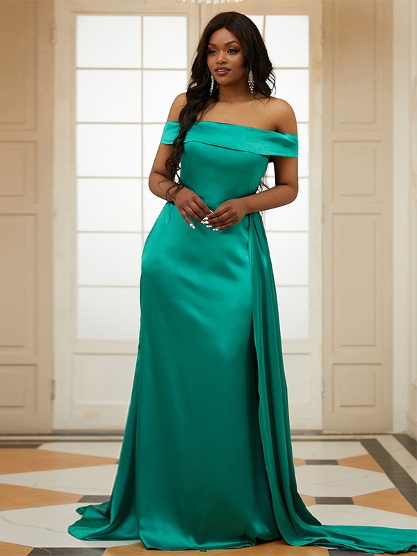 Sheath/Column Silk like Satin Ruffles Off-the-Shoulder Sleeveless Sweep/Brush Train Dresses 6578