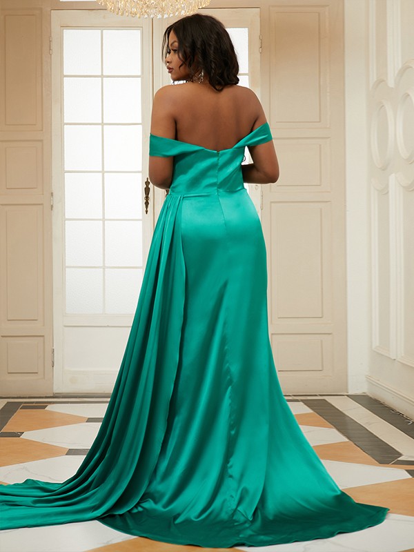 Sheath/Column Silk like Satin Ruffles Off-the-Shoulder Sleeveless Sweep/Brush Train Dresses 6578