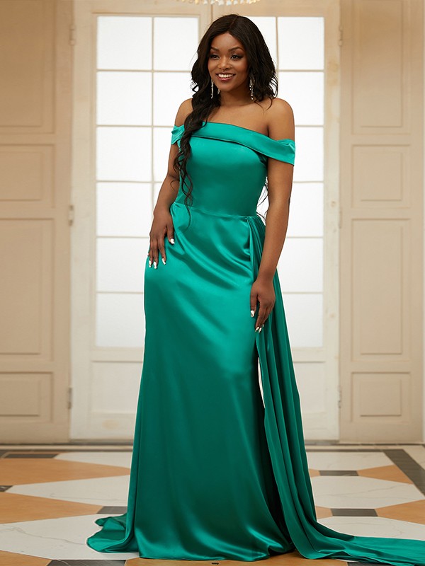 Sheath/Column Silk like Satin Ruffles Off-the-Shoulder Sleeveless Sweep/Brush Train Dresses 6578