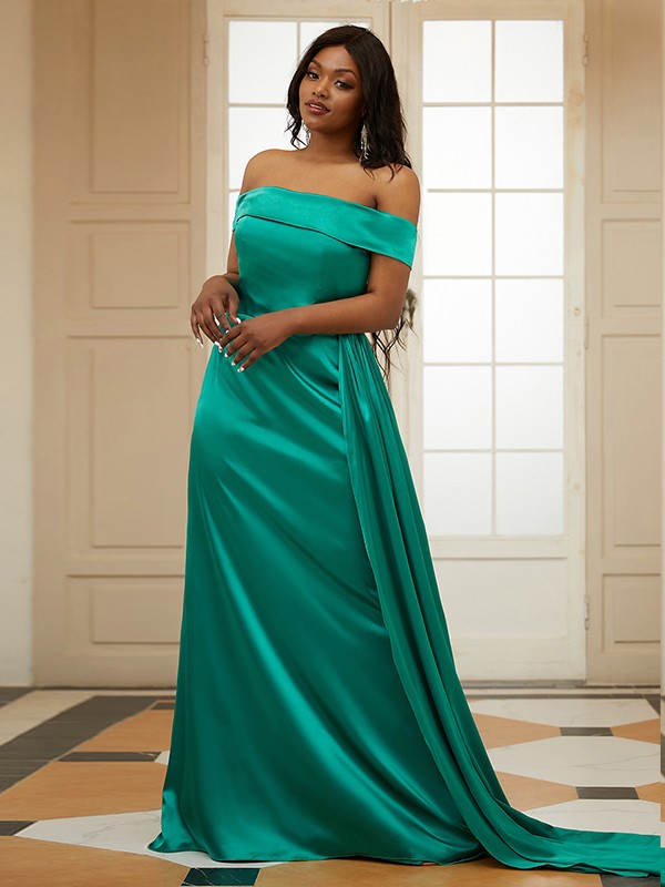 Sheath/Column Silk like Satin Ruffles Off-the-Shoulder Sleeveless Sweep/Brush Train Dresses 6578