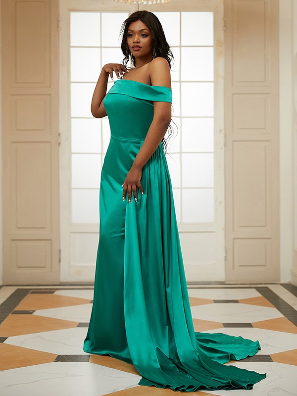 Sheath/Column Silk like Satin Ruffles Off-the-Shoulder Sleeveless Sweep/Brush Train Dresses 6578