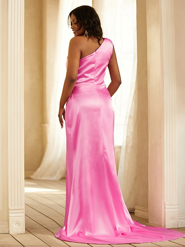 Sheath/Column Elastic Woven Satin Ruched One-Shoulder Sleeveless Sweep/Brush Train Dresses 5905