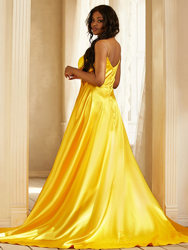 A-Line/Princess Silk like Satin Ruched V-neck Sleeveless Sweep/Brush Train Dresses 4450