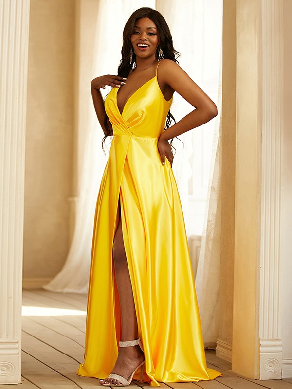 A-Line/Princess Silk like Satin Ruched V-neck Sleeveless Sweep/Brush Train Dresses 4450