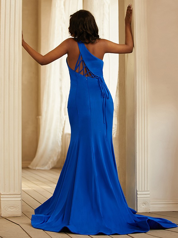 Sheath/Column Jersey Ruffles One-Shoulder Sleeveless Sweep/Brush Train Dresses 6054