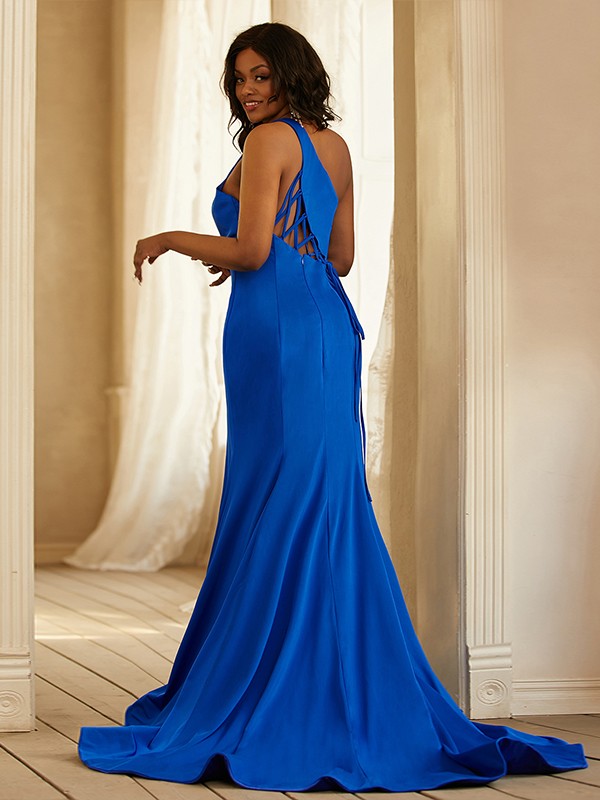 Sheath/Column Jersey Ruffles One-Shoulder Sleeveless Sweep/Brush Train Dresses 6054