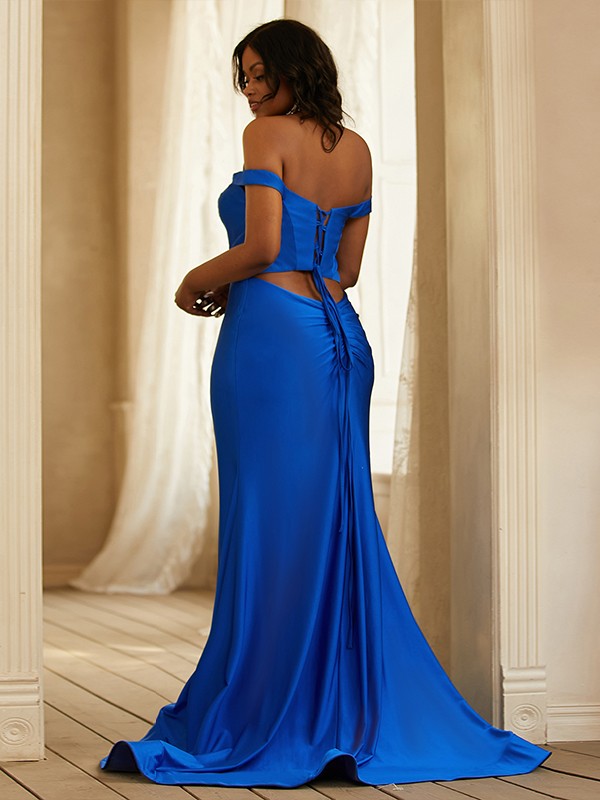 Sheath/Column Jersey Ruffles Off-the-Shoulder Sleeveless Sweep/Brush Train Dresses 6052