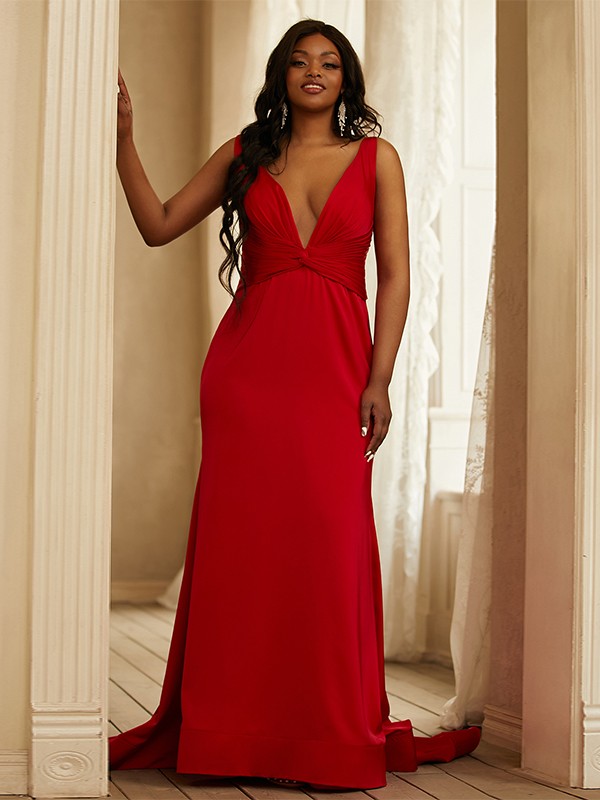 Sheath/Column Satin Ruched V-neck Sleeveless Sweep/Brush Train Dresses 6339