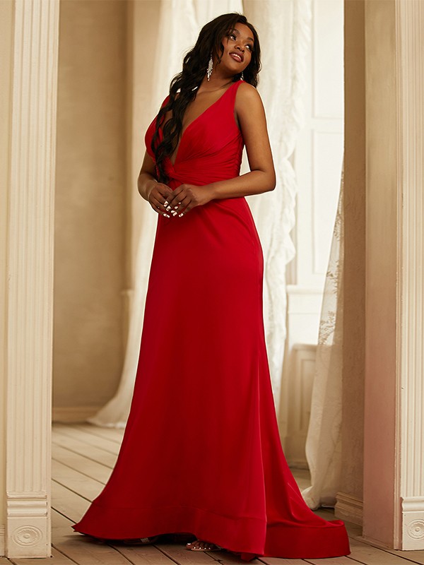 Sheath/Column Satin Ruched V-neck Sleeveless Sweep/Brush Train Dresses 6339