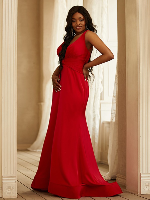 Sheath/Column Satin Ruched V-neck Sleeveless Sweep/Brush Train Dresses 6339