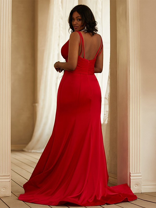 Sheath/Column Satin Ruched V-neck Sleeveless Sweep/Brush Train Dresses 6339