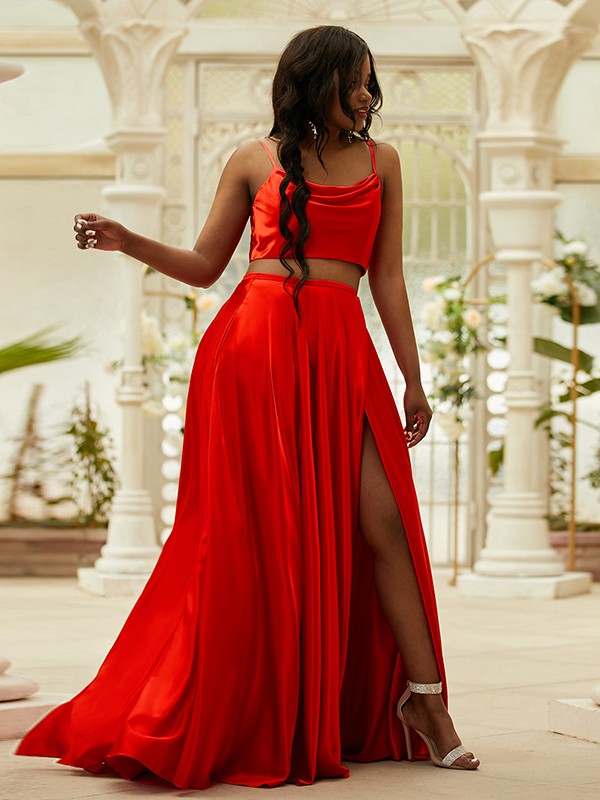 A-Line/Princess Silk like Satin Ruffles Spaghetti Straps Sleeveless Sweep/Brush Train Two Piece Dresses 4467