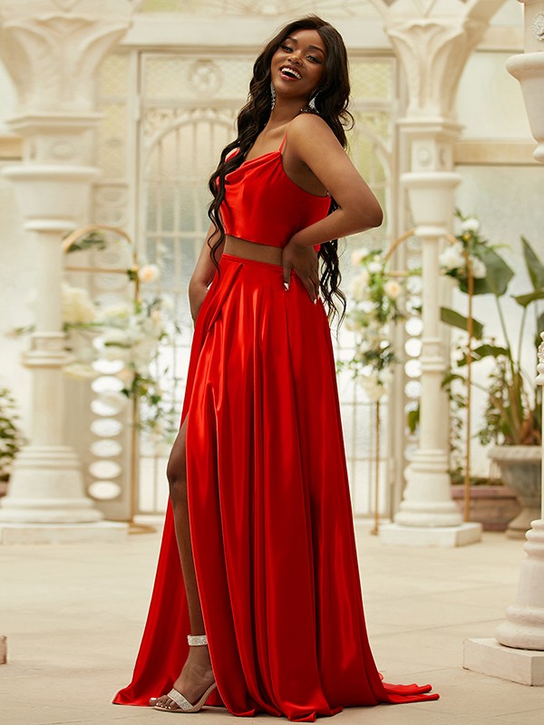 A-Line/Princess Silk like Satin Ruffles Spaghetti Straps Sleeveless Sweep/Brush Train Two Piece Dresses 4467