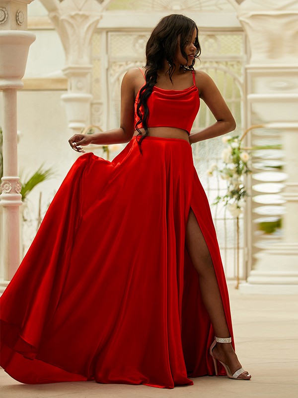 A-Line/Princess Silk like Satin Ruffles Spaghetti Straps Sleeveless Sweep/Brush Train Two Piece Dresses 4467