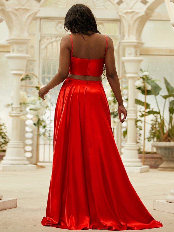 A-Line/Princess Silk like Satin Ruffles Spaghetti Straps Sleeveless Sweep/Brush Train Two Piece Dresses 4467