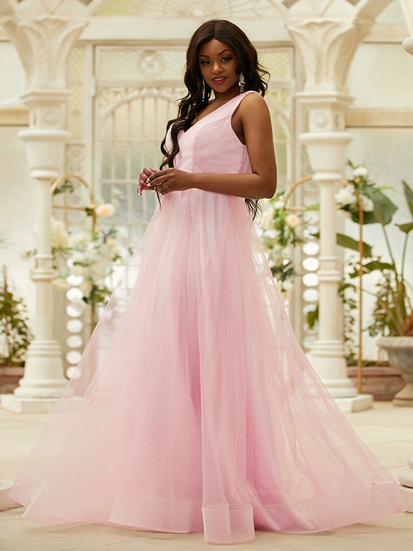 A-Line/Princess Ruffles V-neck Sleeveless Floor-Length Dresses 4037