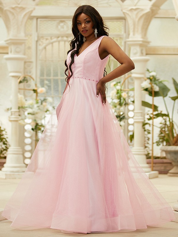 A-Line/Princess Ruffles V-neck Sleeveless Floor-Length Dresses 4037