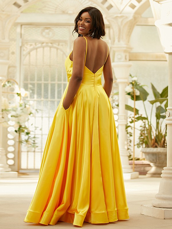 A-Line/Princess Silk like Satin Ruffles V-neck Sleeveless Floor-Length Dresses 4469