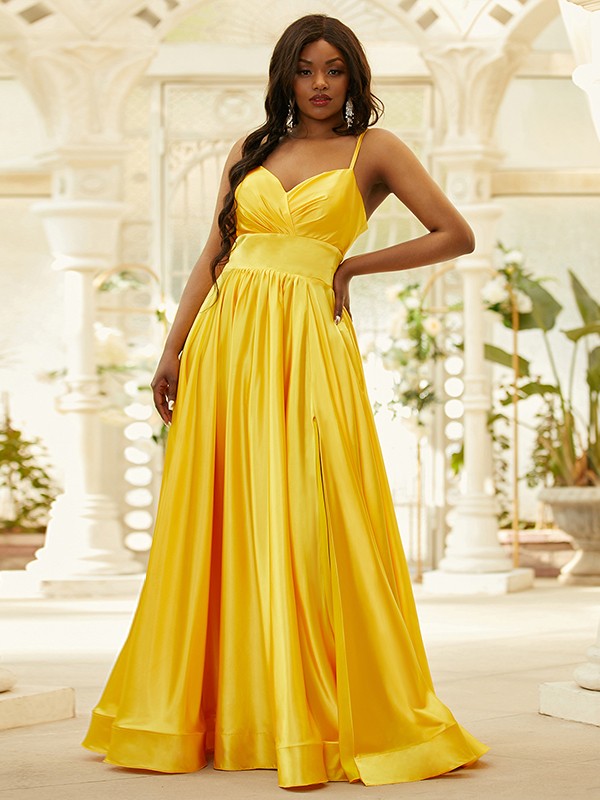 A-Line/Princess Silk like Satin Ruffles V-neck Sleeveless Floor-Length Dresses 4469