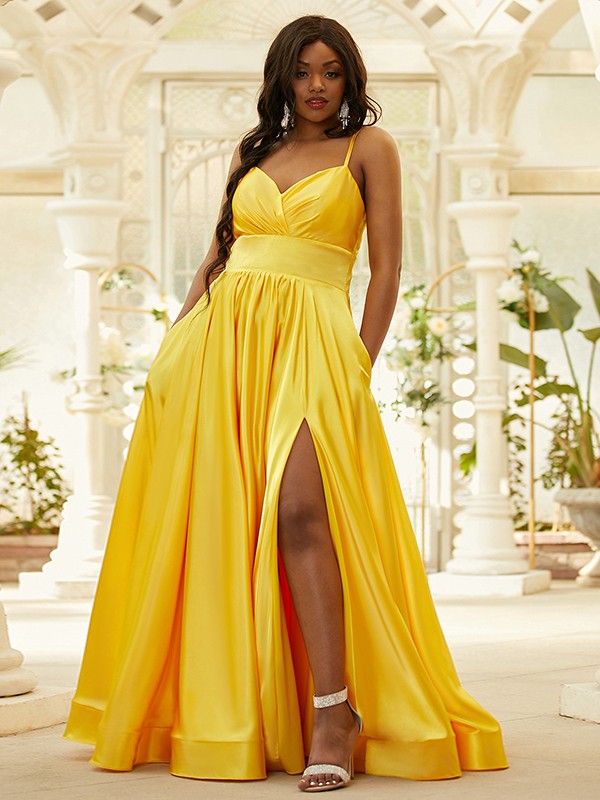 A-Line/Princess Silk like Satin Ruffles V-neck Sleeveless Floor-Length Dresses 4469