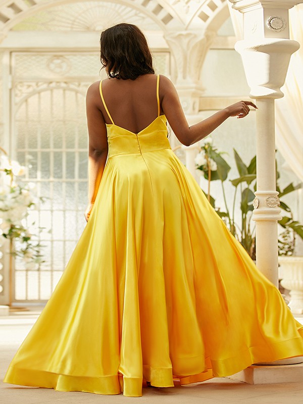 A-Line/Princess Silk like Satin Ruffles V-neck Sleeveless Floor-Length Dresses 4469