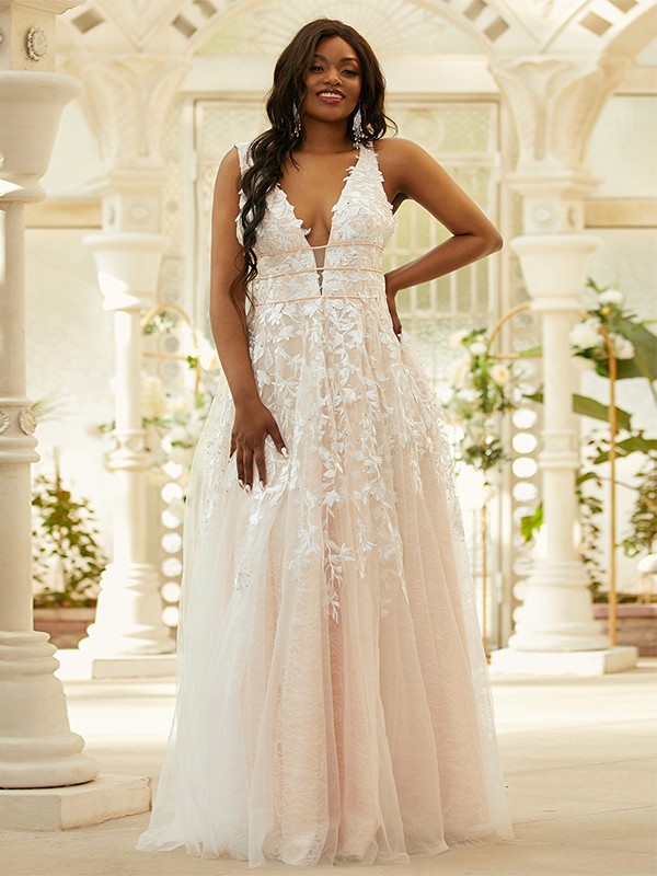 A-Line/Princess Tulle Applique V-neck Sleeveless Floor-Length Dresses 5215