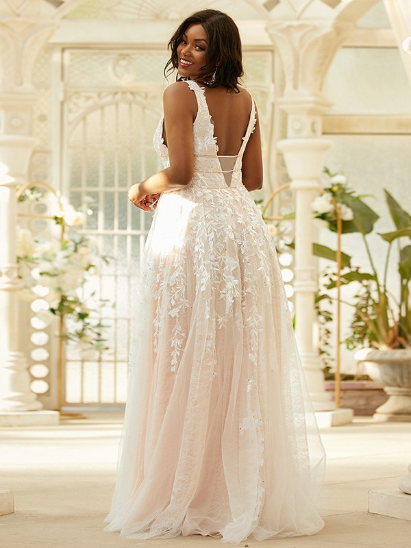 A-Line/Princess Tulle Applique V-neck Sleeveless Floor-Length Dresses 5215