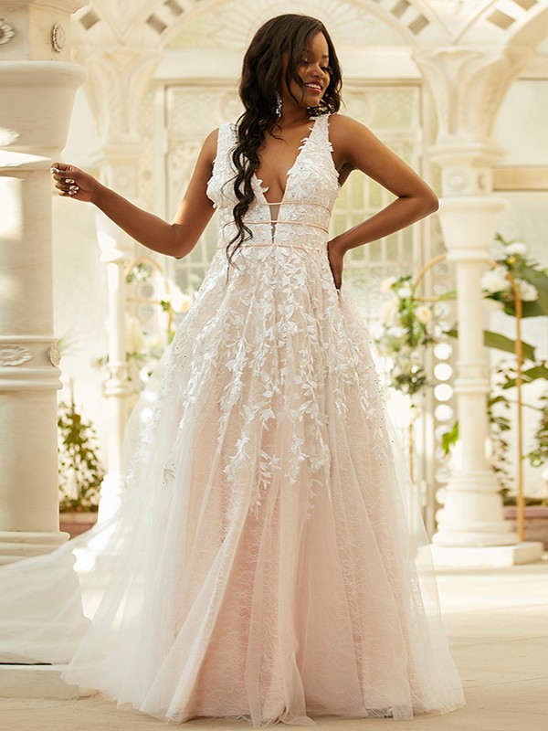 A-Line/Princess Tulle Applique V-neck Sleeveless Floor-Length Dresses 5215