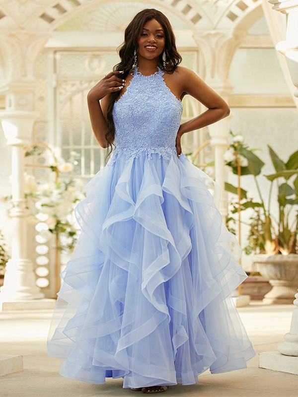 A-Line/Princess Tulle Applique Halter Sleeveless Floor-Length Dresses 5129