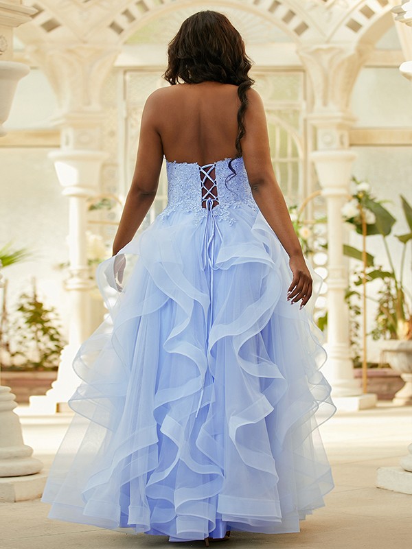 A-Line/Princess Tulle Applique Halter Sleeveless Floor-Length Dresses 5129