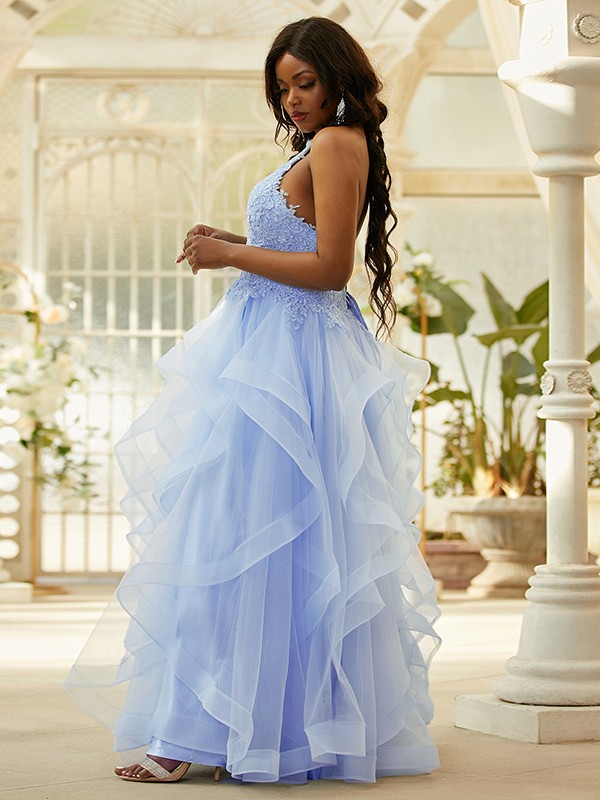 A-Line/Princess Tulle Applique Halter Sleeveless Floor-Length Dresses 5129