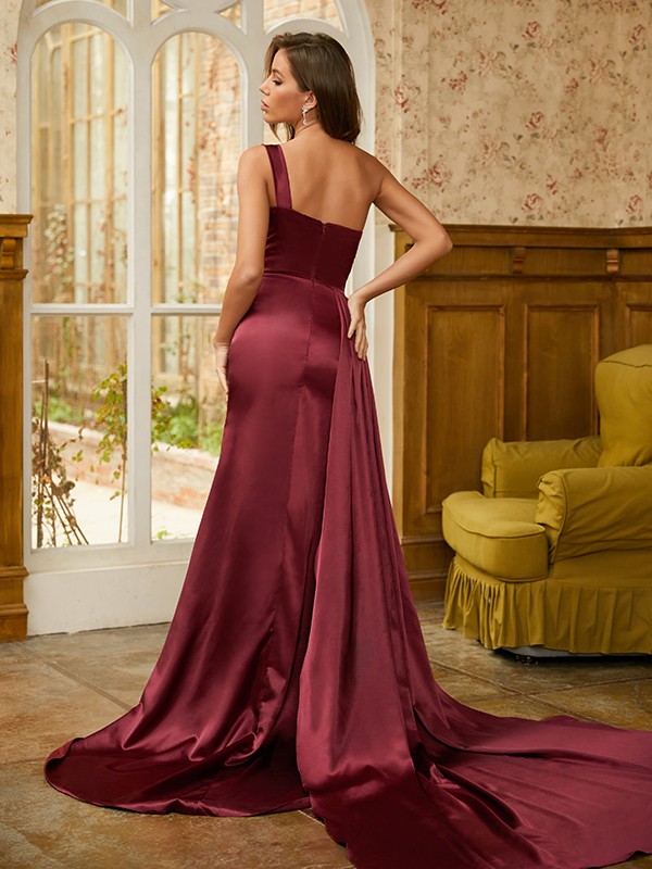 Sheath/Column Elastic Woven Satin Sequin One-Shoulder Sleeveless Sweep/Brush Train Dresses 6353