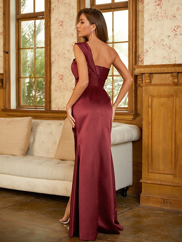 Sheath/Column Elastic Woven Satin Ruched One-Shoulder Sleeveless Floor-Length Dresses 6299