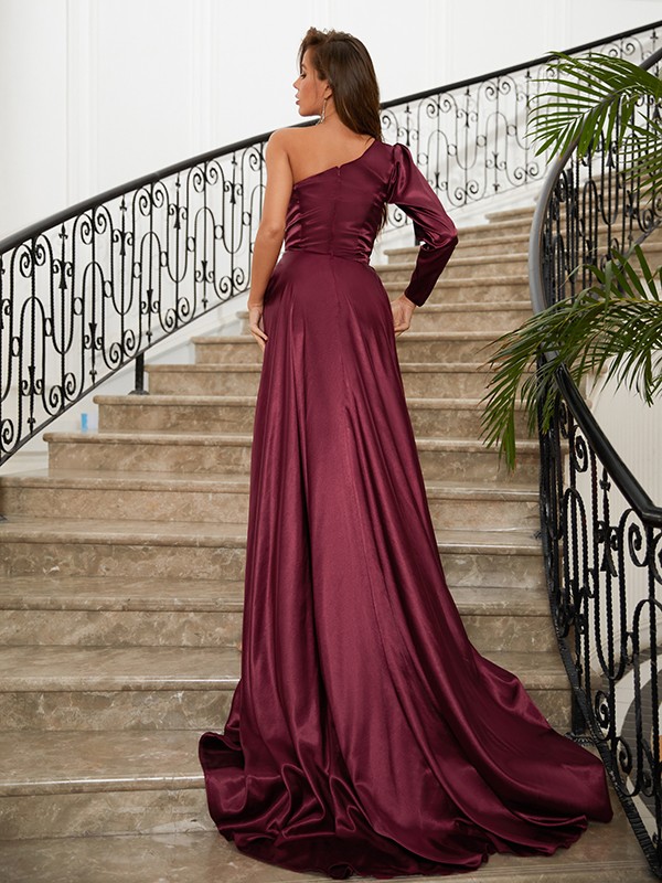 Sheath/Column Elastic Woven Satin Ruched One-Shoulder Long Sleeves Sweep/Brush Train Dresses 6297