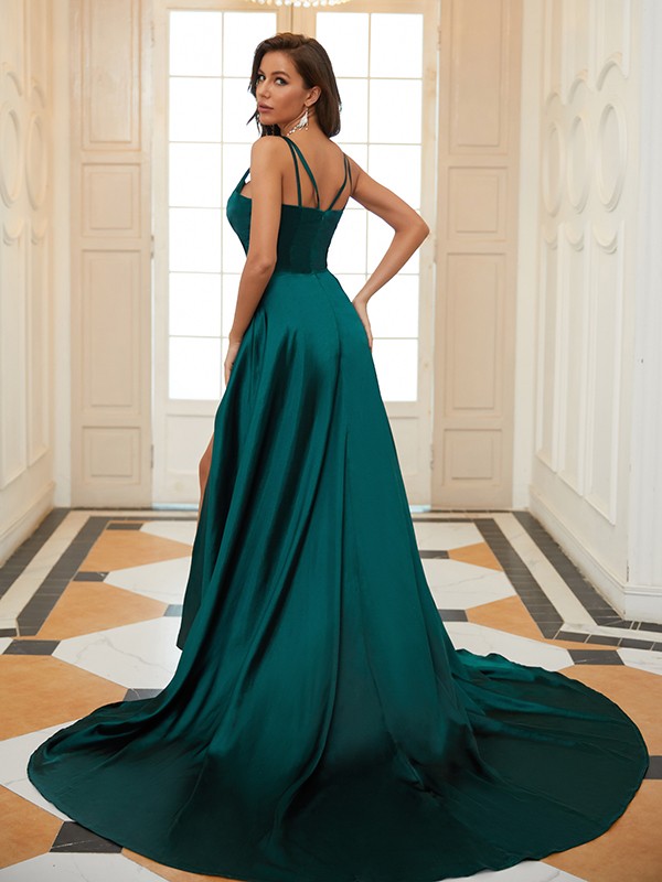 A-Line/Princess Elastic Woven Satin Ruffles V-neck Sleeveless Court Train Dresses 4223